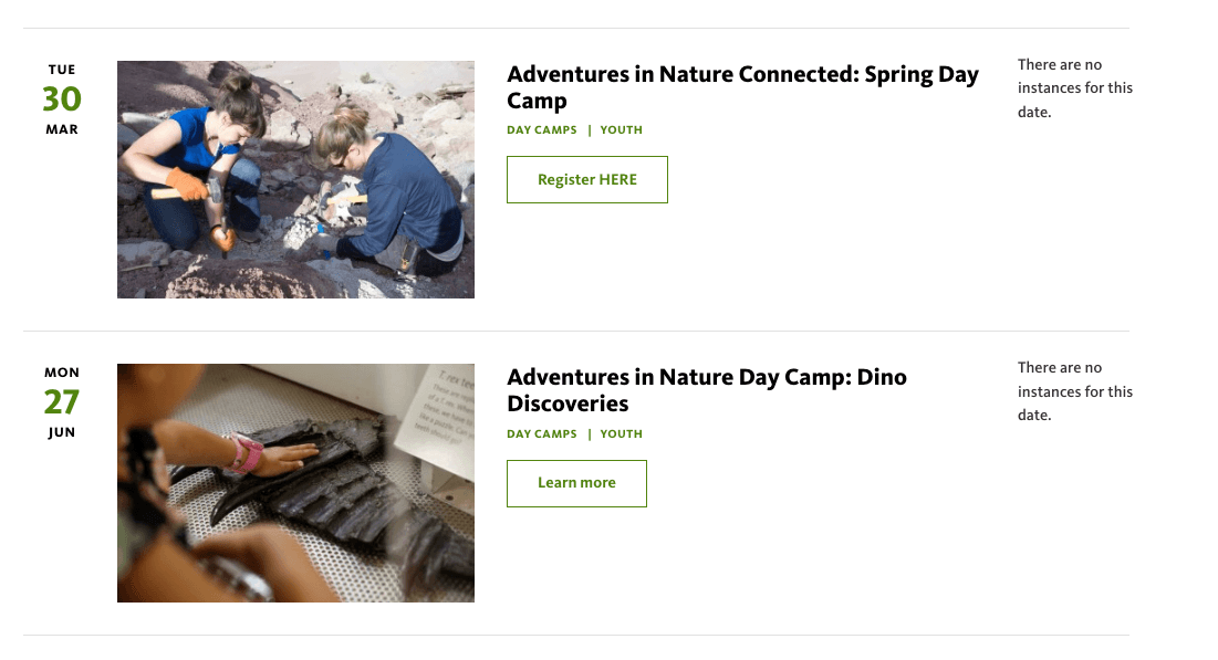 Events: Day Camps views reference example