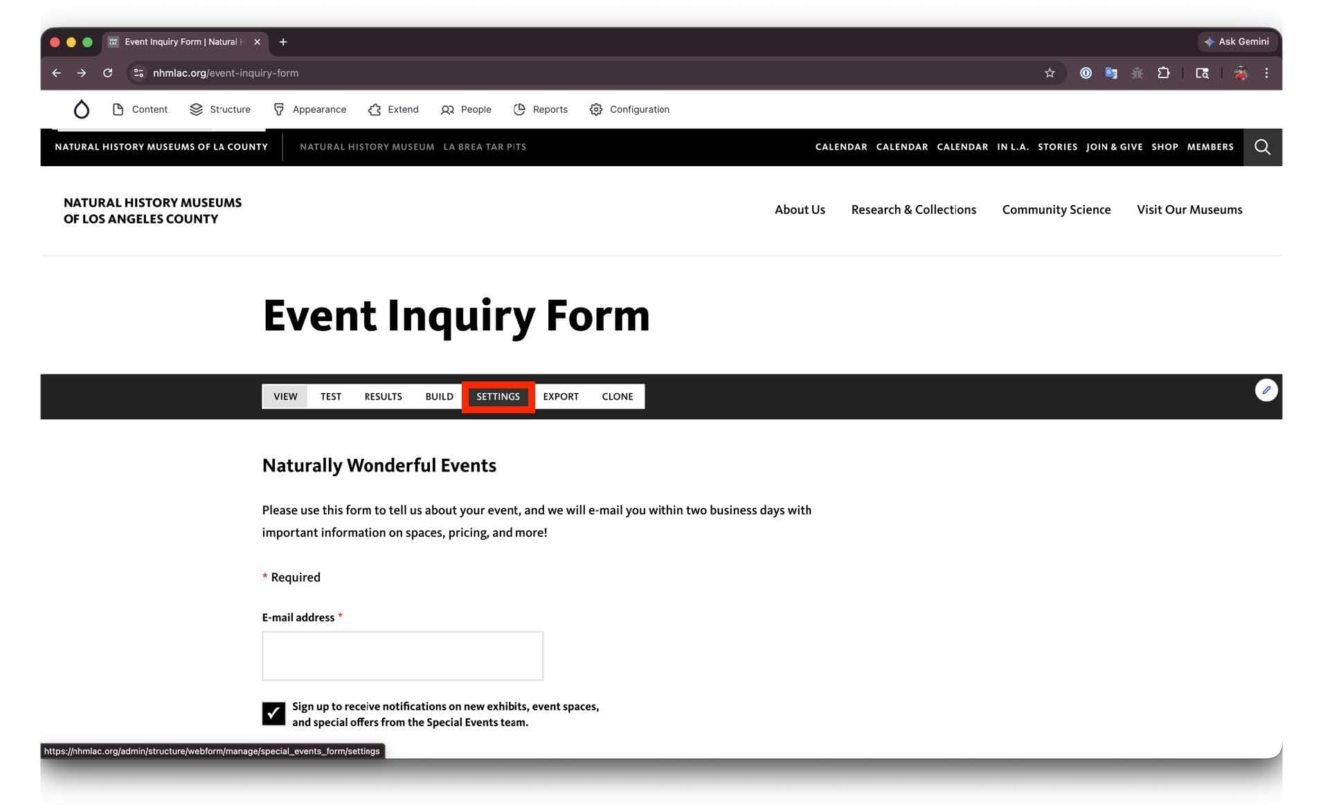 Webform settings menu