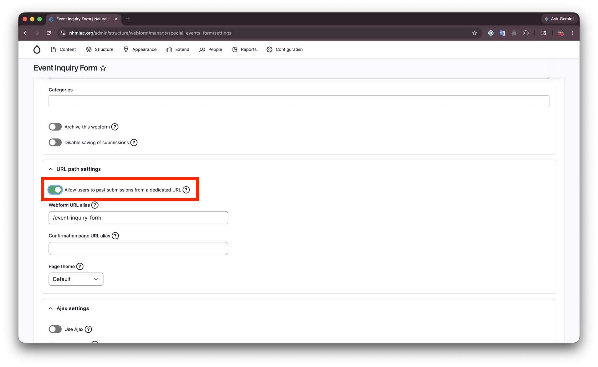 Webform settings menu