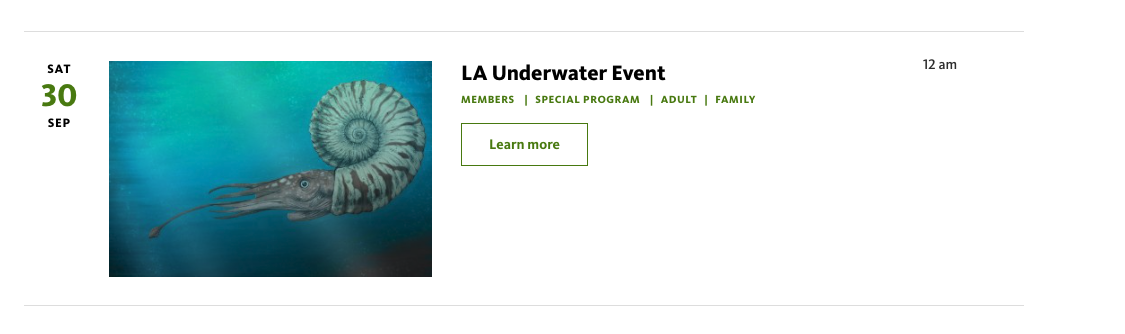 Exhibit Related Events views reference with the 'LA Underwater' (Argument: 2601) exhibition selected
